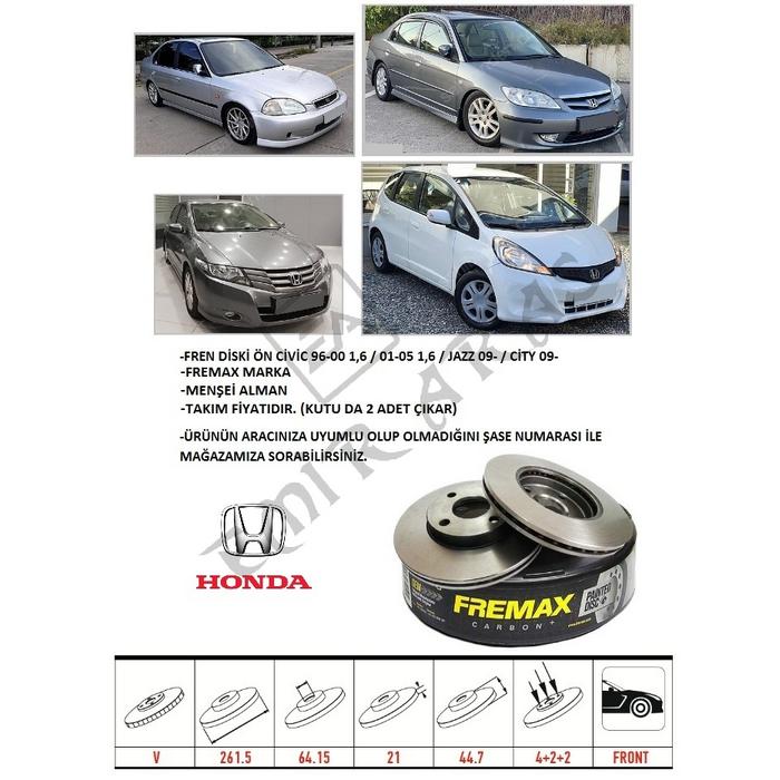 FREN DİSKİ ÖN CİVİC 96-00 1,6  01-05 1,6  JAZZ 09-  CİTY 09-12 20- 262 mm (4)