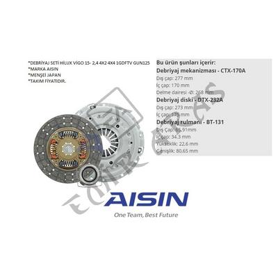 KT-387   TYK2308  DEBRİYAJ SETİ HİLUX VİGO 15- 2,4 4X2 4X4 1GDFTV GUN125 REVO